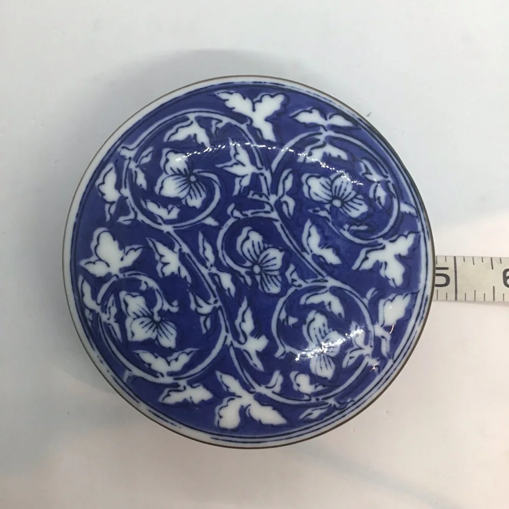 Vintage Porcelain Round Trinket Box with Lid Blue Floral Pattern Japan Signed